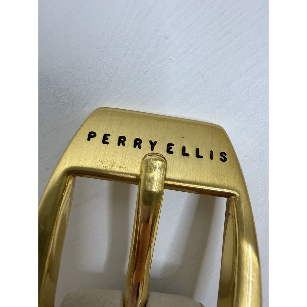 Perry Ellis Ivory Genuine Leather Gold Buckle Belt Women’s Small